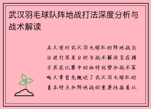 武汉羽毛球队阵地战打法深度分析与战术解读