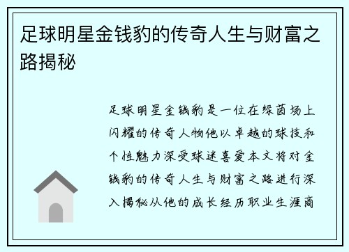 足球明星金钱豹的传奇人生与财富之路揭秘